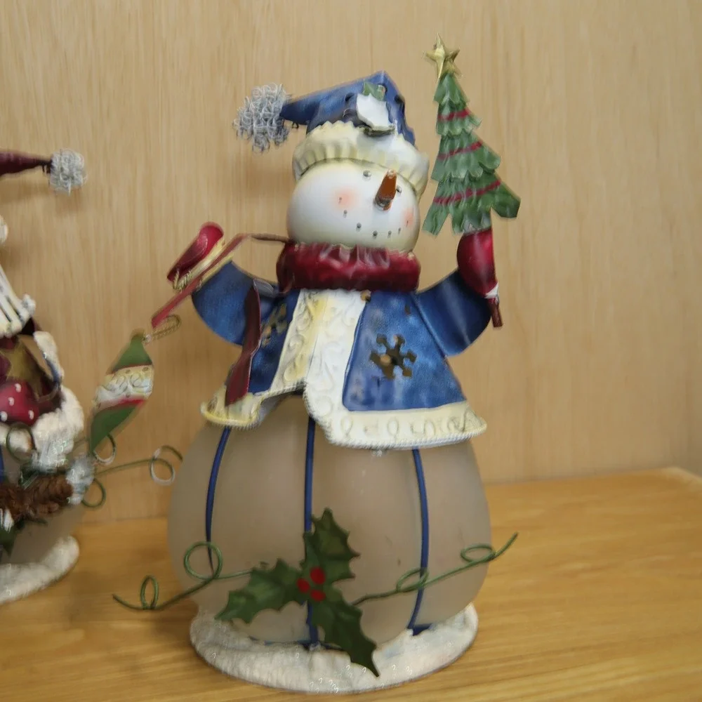 Vtg Metal & Frosted Glass Santa and Snowman Tea Light Holders Christmas Set of 2